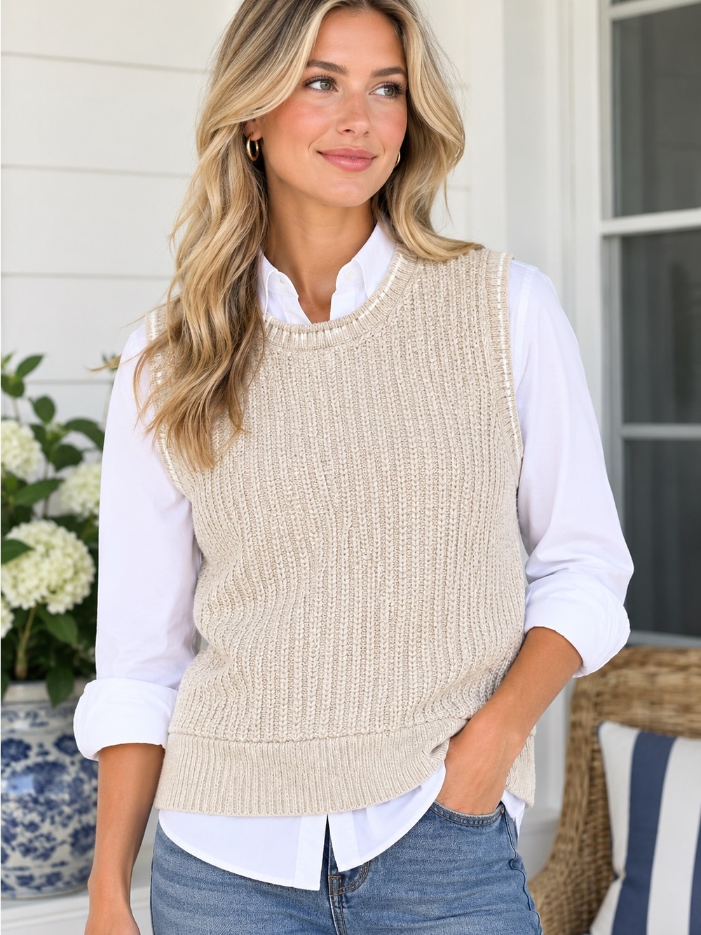 Vineyard Vines Women’s Sweater Vest Small Cream White Knit Preppy Coastal
